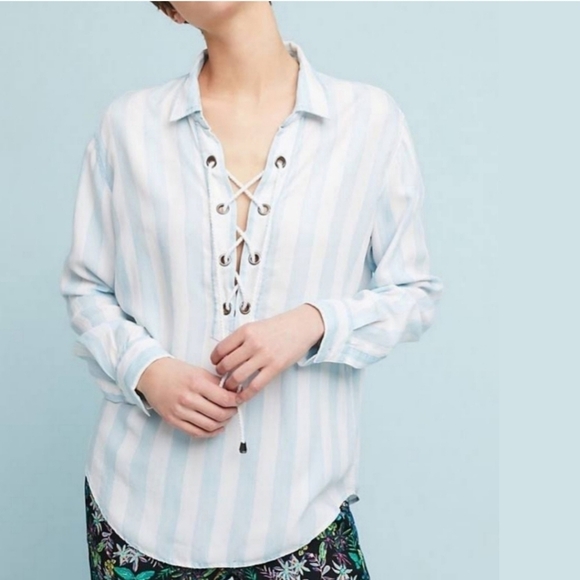 Rails x Anthropologie Uli Blue & White Striped Lace Up Tencel Long Sleeve Shirt - Picture 2 of 10